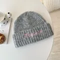 Grey Knit Beanie Winter Warm Pearl Embroidered Wool Hat for Women Casual Cold Weather - Circumference 55-62cm / Gray