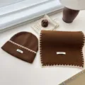 Korean style brown knitted beanie and scarf two piece set, warm winter fashion accessory. - Brown