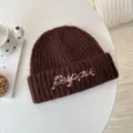 Brown knit beanie winter warm thick woolen hat with pearl rhinestones and pink embroidery. - Circumference 55-62cm / Coffee