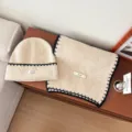 Beige Knit Beanie and Scarf Set with Black Trim, Warm Winter Hat and Neck Scarf Accessories - Beige