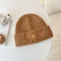 Thickened winter knit beanie with pearl rhinestone embroidery, cozy wool pullover warm cap. - Circumference 55-62cm / Khaki