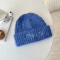 Thickened winter pearl knitted beanie for women, cozy warm wool hat with stylish embroidery. - Circumference 55-62cm / Blue