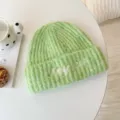 Light green knitted beanie with pearl embroidery, warm winter wool pullover hat for women. - Circumference 55-62cm / Fluorescent Green