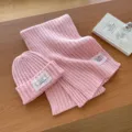 Pink knit beanie and scarf set with cute lace patch, cozy autumn winter warm fashion accessories. - Pink 2-Piece Set (Hat & Scarf)