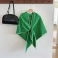 Green knitted shawl winter warm cozy cape scarf with buckle and white edge design for women - Green