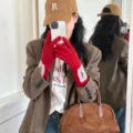 Koreanische Damen Winter warme rote Strickhandschuhe mit eleganter Spitzenmanschette neu. - 8*29cm / Rot