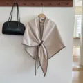 Beige Knit Shawl Cape with Brown Contrast Stitching and Buckle for Women Winter Warmth - Light Beige