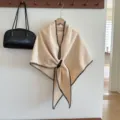 Thick warm beige cape shawl with black contrast edge for women winter daily wear fashion styling SKU - Apricot