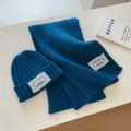 Blue knitted beanie and scarf set with lace patch, warm winter hat and winter scarf variant. - Dark Blue Two-Piece Set (Hat + Scarf)