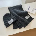 Dark grey knitted beanie and scarf set with lace patch, winter warm wool hat and long scarf. - Dark Grey Two-Piece Set (Hat + Scarf)