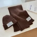 Brown knit winter hat and cozy scarf set featuring lace label, warm and stylish daily wear. - Dark Brown Two-Piece Set (Hat + Scarf)