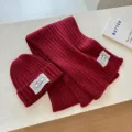 Autumn winter solid color knitted beanie scarf set with elegant lace label warm windproof - Red 2-Piece Set (Hat & Scarf)