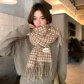 Women's plaid winter scarf, cozy tassel warm thick neck wrap for cold weather daily wear. - Pink