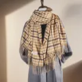 Damen Karo Schal Herbst Winter Warme Fransen Schal Modische Karierte Schultertuch - Beige