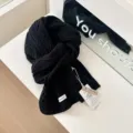 Black 100% wool knitted scarf for women, classic cable knit design, warm winter neck warmer. - Black