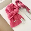 Korean style fashion warm 100% wool winter scarf for women cable knit pink neckerchief - Hot Pink