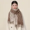 Women winter warm knit scarf, brown beige diamond pattern tassel neckerchief variant view - Rice Coffee