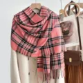 Detail view of the pink classic plaid winter scarf, soft cashmere-feel tassel design for women. - 200cm / Raspberry Pink