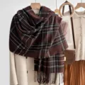 Brown plaid tassel scarf for women, cozy winter warm imitation cashmere shawl neckerchief. - 200cm / Caramel color