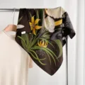 Luxury botanical print silk wool square scarf, 65cm vintage floral neck scarf for women. - Dark Brown Flower Shadow (Double-Sided Same Color) / 65*65cm