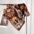 Brown floral square silk scarf for women, classic botanical print neck scarf, 65cm size. - Dark Brown Floral Realm (Double-Sided Same Color) / 65*65cm