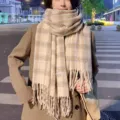 Winter dikke warme ruitjes kwastjessjaal, stijlvolle veelzijdige imitatiekasjmier halsdoek. - Beige