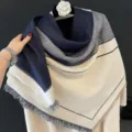 Luxurious imitation cashmere square scarf shawl, stylish two-tone design with fringe. - Navy Blue