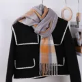 Grijs gele ruit wintersjaal met franjes, zachte warme imitatie kasjmier sjaal voor dames. - Grijs