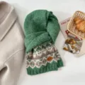 Winter warm green Fair Isle knit scarf, retro jacquard thick neck warmer for women cozy style. - Green
