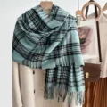 Detailed view of soft blue tartan scarf with elegant plaid pattern and cozy fringe hem. - 200cm / Aqua Blue