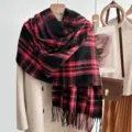 Classic red and black plaid winter scarf with fringe, cozy imitation cashmere material detail. - 200cm / Black Red