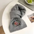 Grey wool knit scarf with cute camping bear embroidery, warm winter accessory for men and women. - Medium Grey