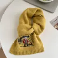 Cozy yellow knit winter scarf featuring cute bear camping embroidery, soft and warm accessory. - Yellow