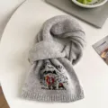 Grey knit winter scarf with cute camping bear embroidery, cozy warm neckwear for daily wear. - Light Gray