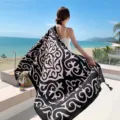 Ethnic style black and white beach shawl, lightweight sunscreen scarf for women vacation. - 33