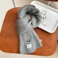 Thickened wool blend winter knitted scarf for men and women, cute dog embroidery warm neck wrap. - Medium Grey