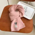 Winter warm knitted wool scarf featuring cute glasses dog embroidery and cozy thick design. - Pink