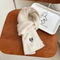 Cozy winter knitted wool scarf for men and women, cute glasses dog embroidery warm neck wrap. - White