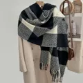Zwart-wit geruite winterscarf detail, gezellige verdikte franje nekwarmer voor dames. - 1# Zwart