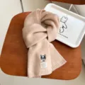 Winter thick knit scarf with cute embroidered dog, warm woolen material, stylish accessory. - Khaki