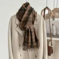 Vintage plaid imitation cashmere winter warm scarf for men and women cozy tassel shawl - 200cm / Coffee
