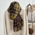 Cozy plaid tassel scarf detail view, warm loop yarn winter accessory in brown and green tones. - Picture Color 11