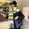 Gezellige mohair kleurblok gestreepte wintersjaal, zachte warme franje omslagdoek. - 220cm / Bruingeel