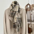 Winter plaid fringe scarf for women, classic retro check design, cozy warm chic neck wrap. - Khaki