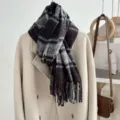 Thickened plaid scarf with tassels, cozy loop yarn winter fashion for women detail view. - Picture Color 10