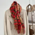 Winter red plaid fringed scarf detail, soft warm cozy checkered wrap for women cozy chic style. - Red