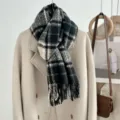 Black and grey plaid loop yarn scarf with fringe, thick cozy winter accessory for women. - Picture Color 5