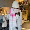 Stijlvolle kleurenblok mohair wintersjaal voor dames, gezellige dikke warme ruitersjaal. - 220cm / Roze Wit