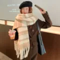 Gezellige dikke gestreepte mohair sjaal voor dames, warme winter franje nek omwikkeling. - 220cm / Wit en Koffie