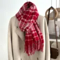 Cozy red plaid fringe scarf, thick warm winter boucle yarn scarf for stylish daily wear. - Picture Color 9